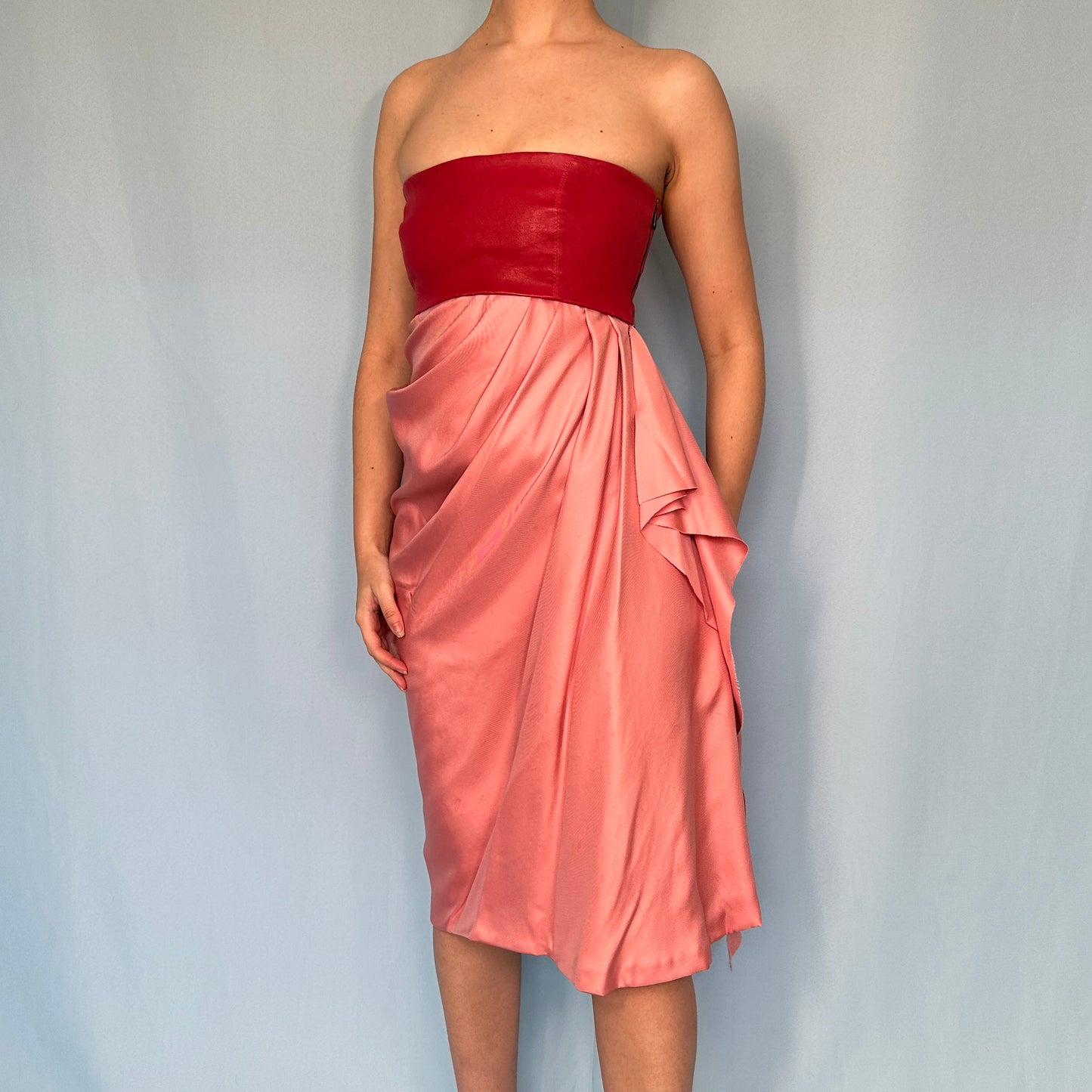 Bottega Veneta Pink Leather & Silk Draped Strapless Dress