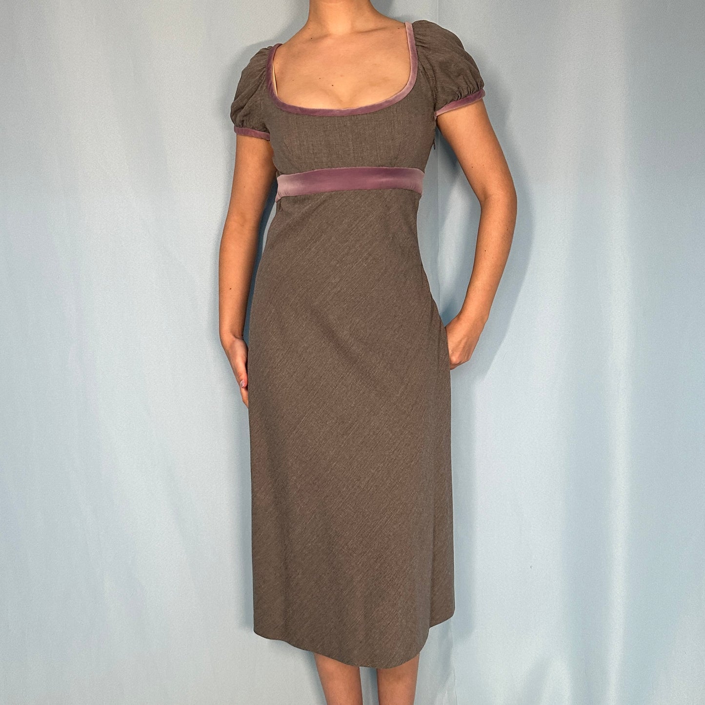 Valentino Grey and Lilac Velvet Trim Empire Bust Dress