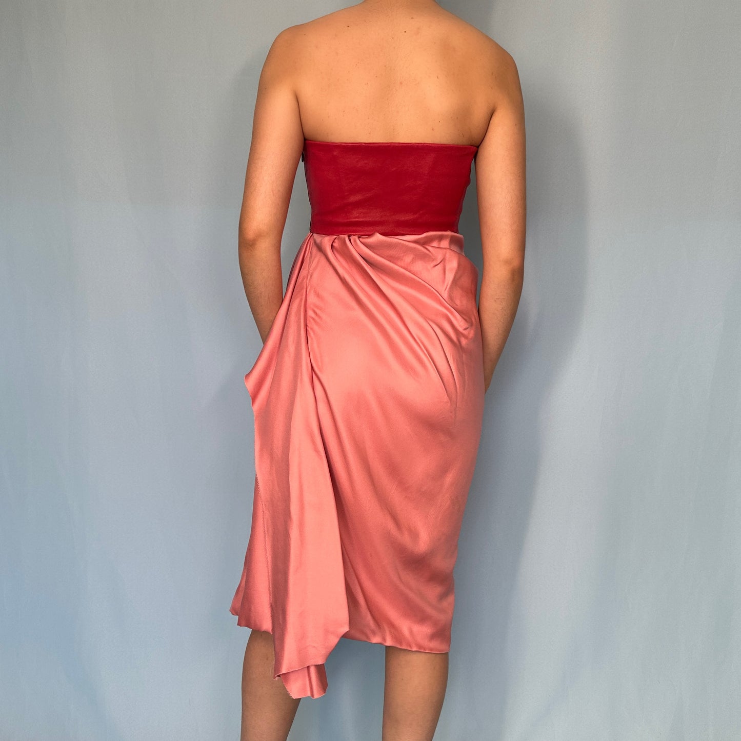 Bottega Veneta Pink Leather & Silk Draped Strapless Dress