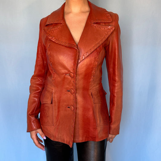 Anna Sui Burgundy Rose Embossed Leather Jacket