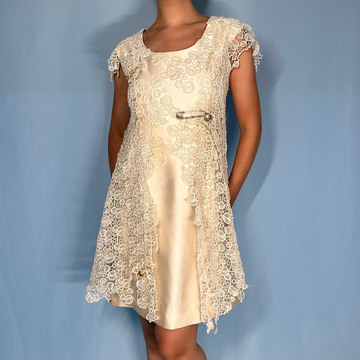 Versace Spring 1994 Safety Pin White Silk Lace Dress
