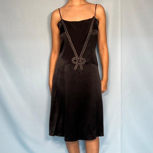 Anna Sui Silk Satin Black Bow Slip Dress