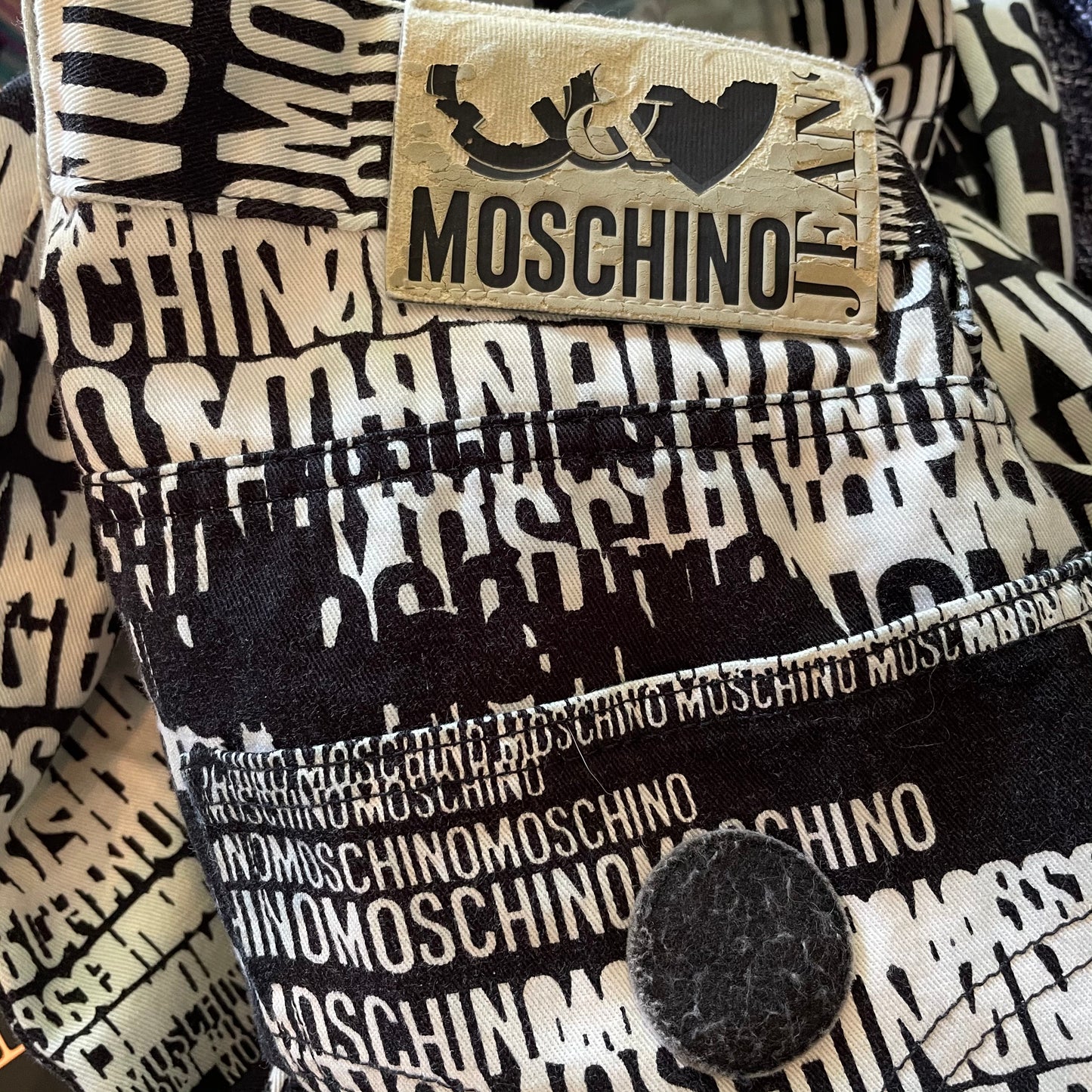 Moschino 1998 Monogram Black & White High Waisted Jeans
