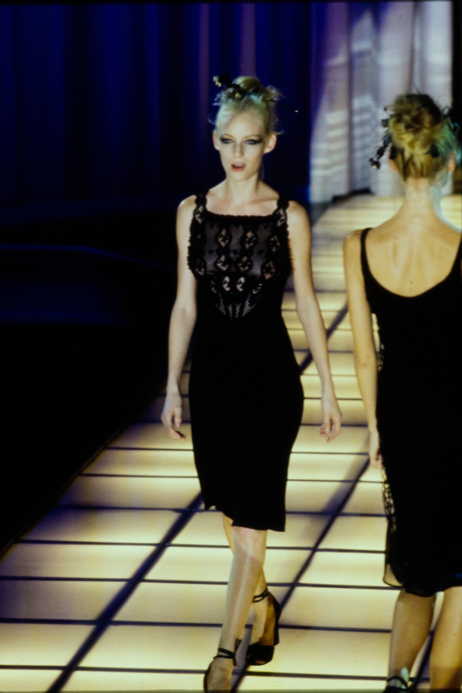Versace Spring 1997 Runway Black Lace Bodice Dress Studded Petals Vintage Versace Spring 1997 Runway Black Lace Bodice Dress Studded Petals Vintage