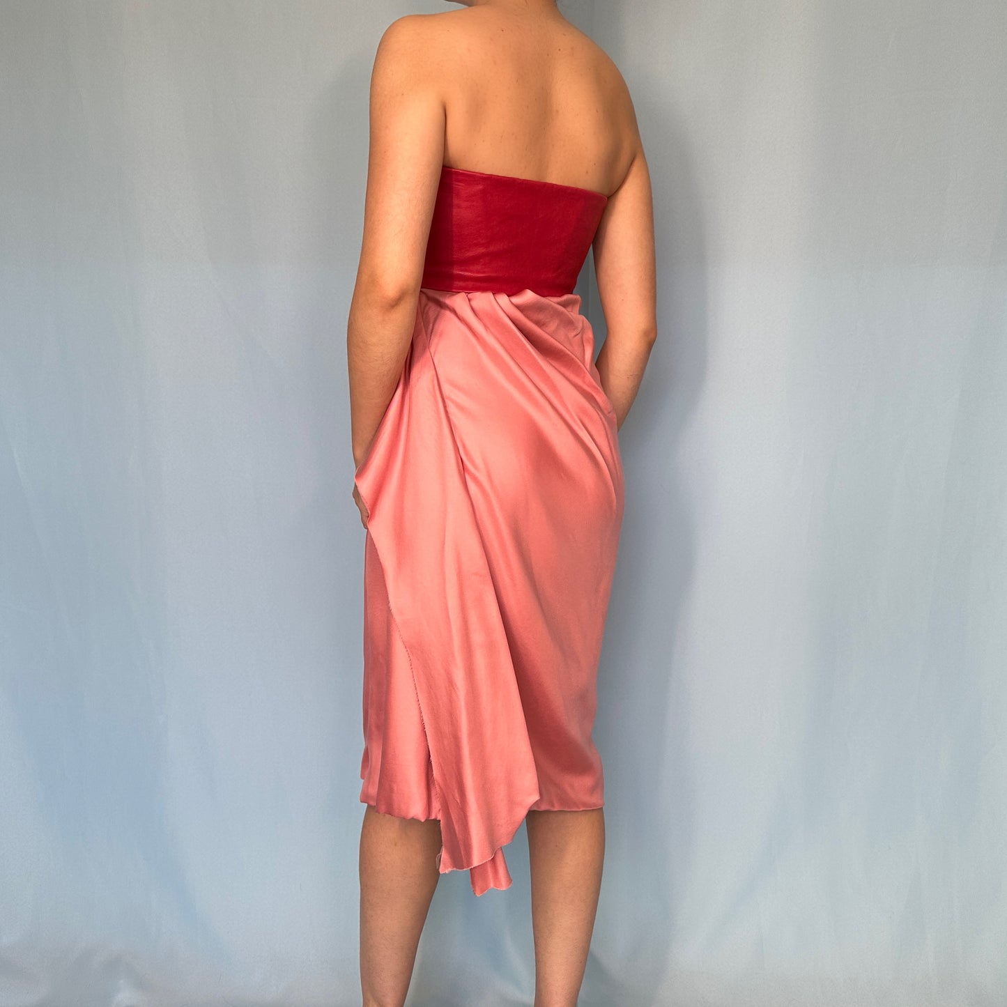 Bottega Veneta Pink Leather & Silk Draped Strapless Dress