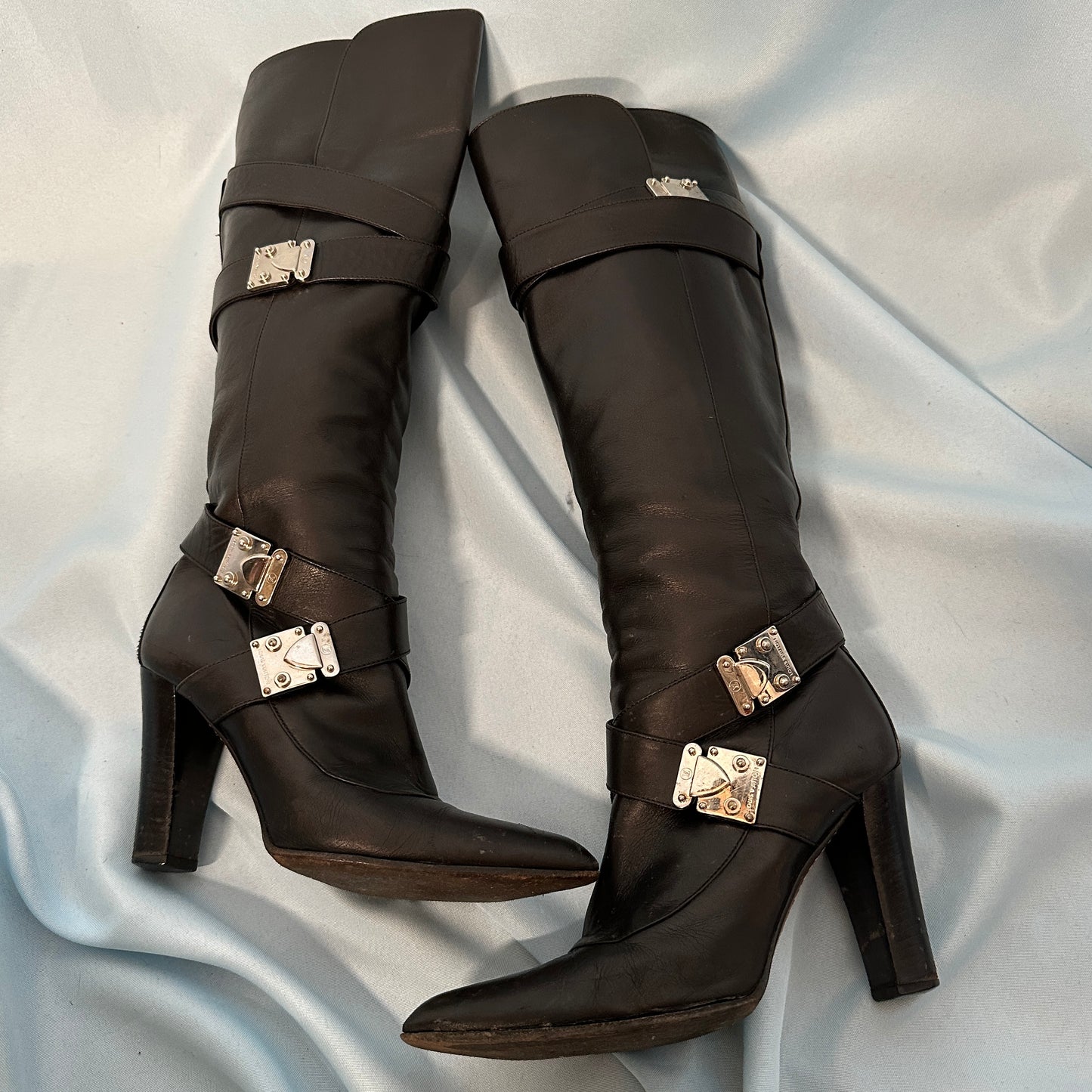 Louis Vuitton Black Leather Buckle Detail Heeled Boots