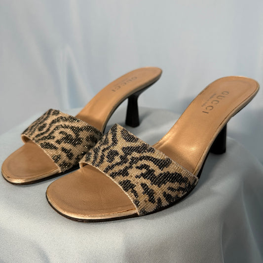 Gucci by Tom Ford Spring 2000 Beaded Animal Print Heels Mules